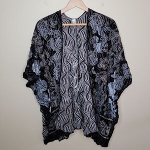 Cato | Black Silvery Gray Velour Burnout Shawl Top One Size Fits Most